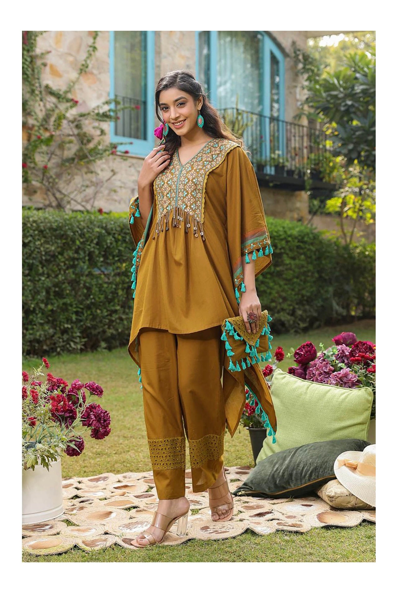 Brown heavy embroidered and tassels kaftan set