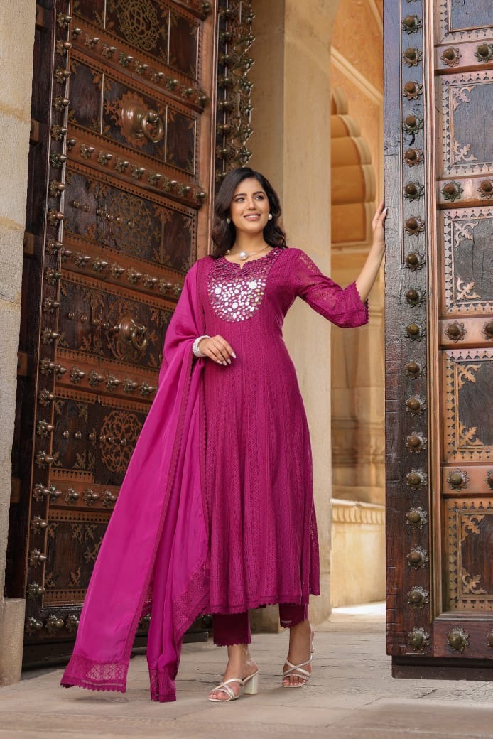 Dark pink real mirror work anarkali kurta set