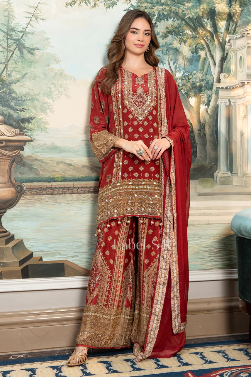 Red maroon pure crepe palazzo suit