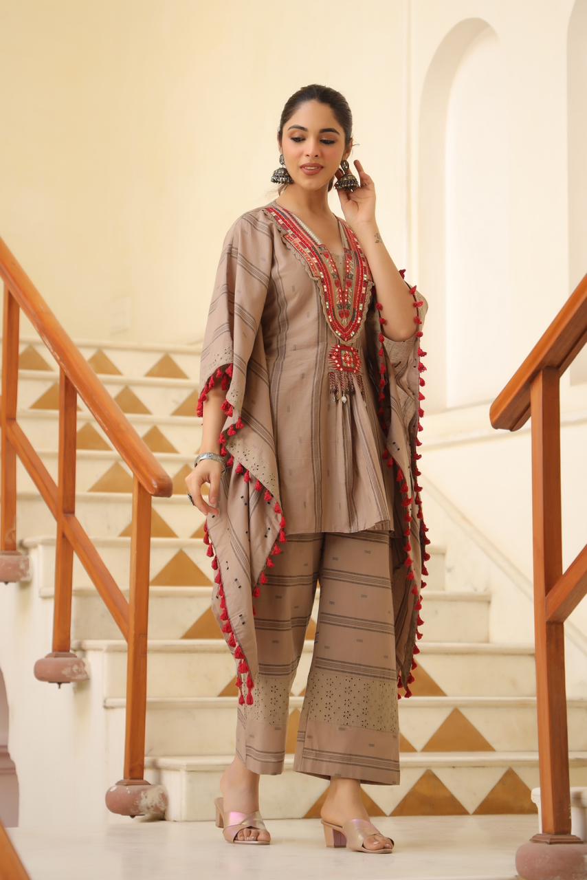 Light brown heavy embroidered kaftan set