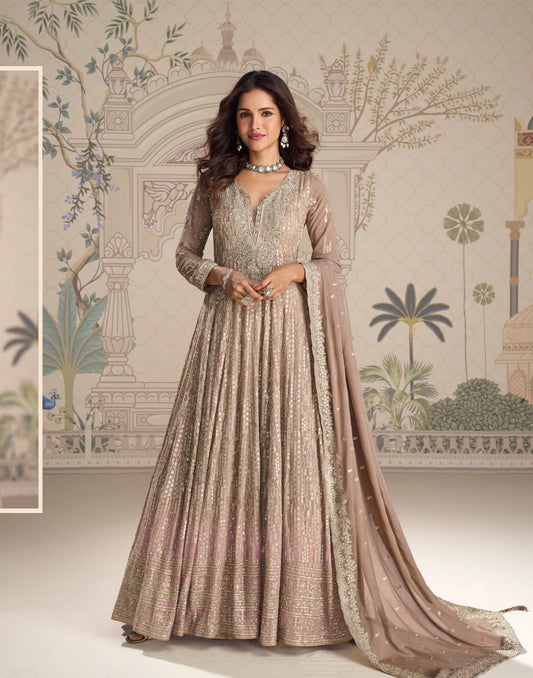 Beige golden heavy work partywear gown