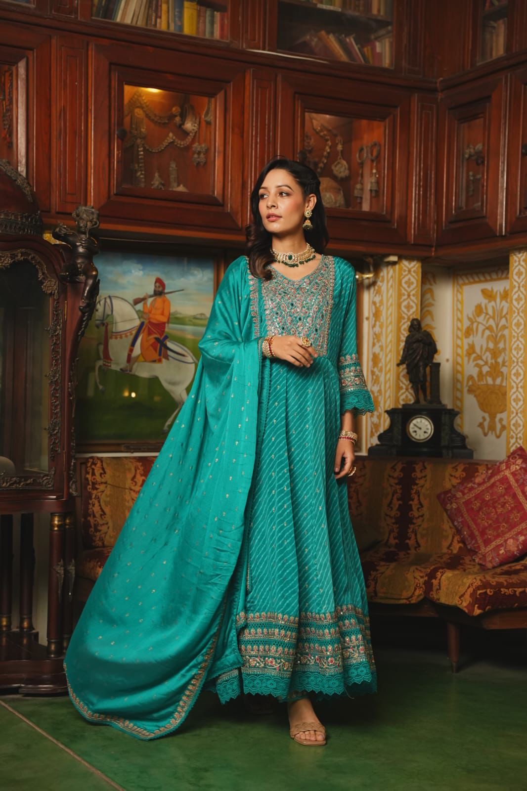 Teal premium chinnon silk anarkali suit with heavy work