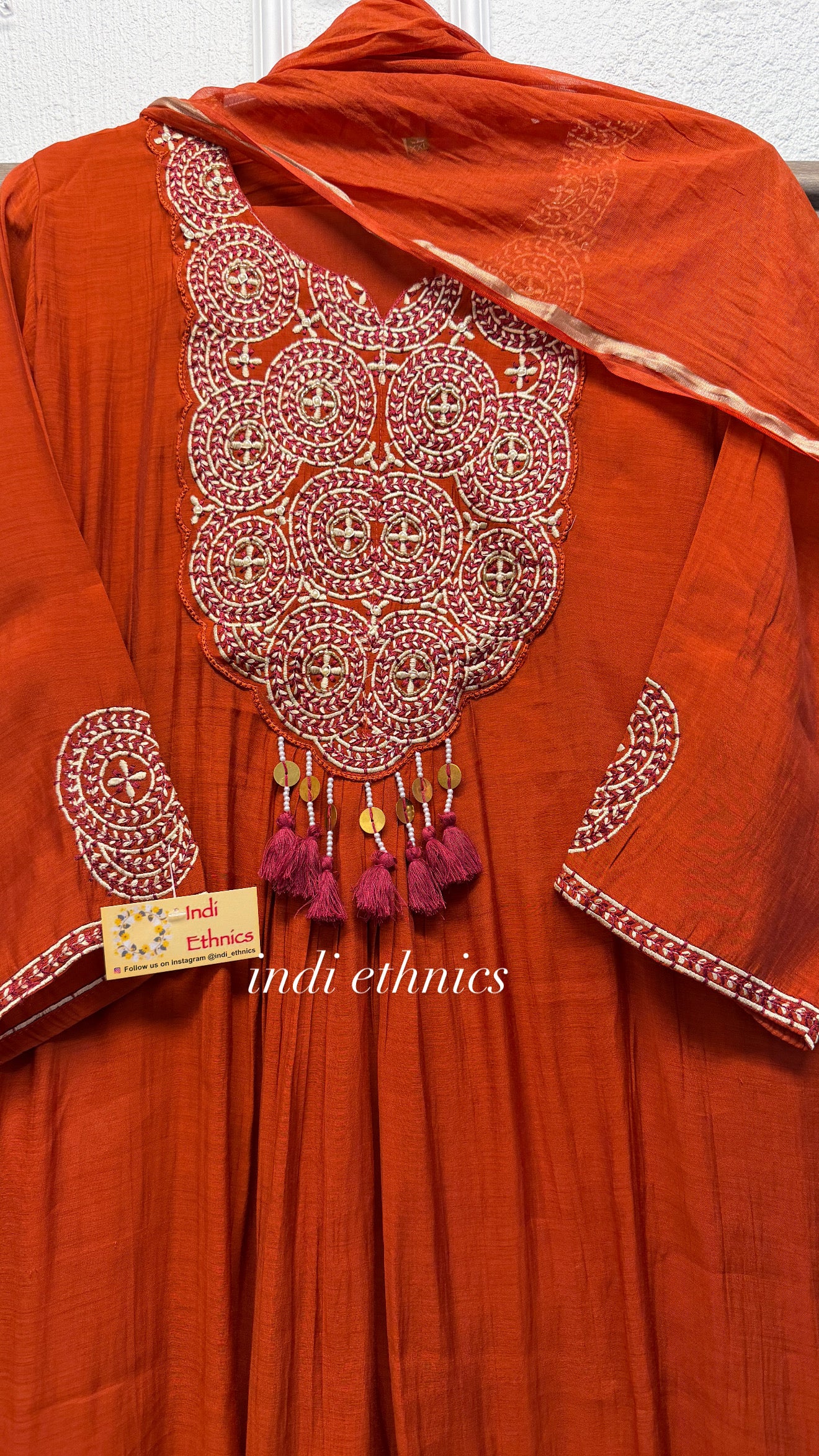Rust mul chanderi embroidered A line suit