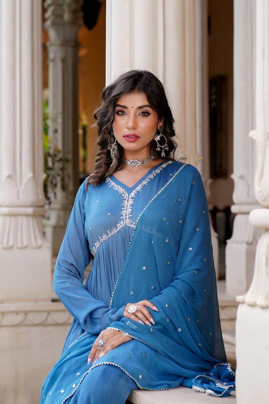 Greysih Blue elegant jardoshi handwork yoke alia cut suit