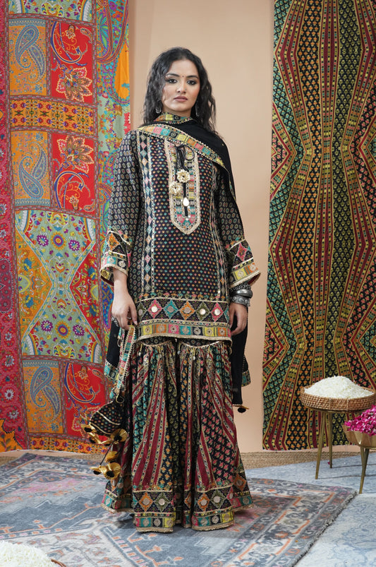Designer super stylish pure crepe sharara suit