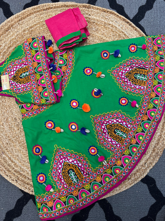 Green pure cotton embroidered & mirror work lehnega choli dupatta