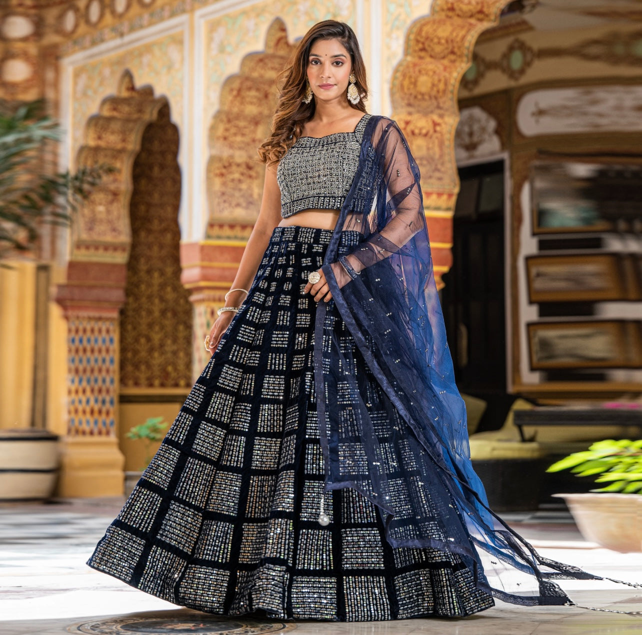 Navy Blue velvet lehenga choli