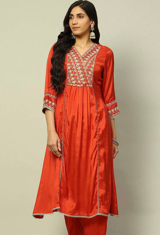 Rust orange pure viscose chanderi partywear kurti