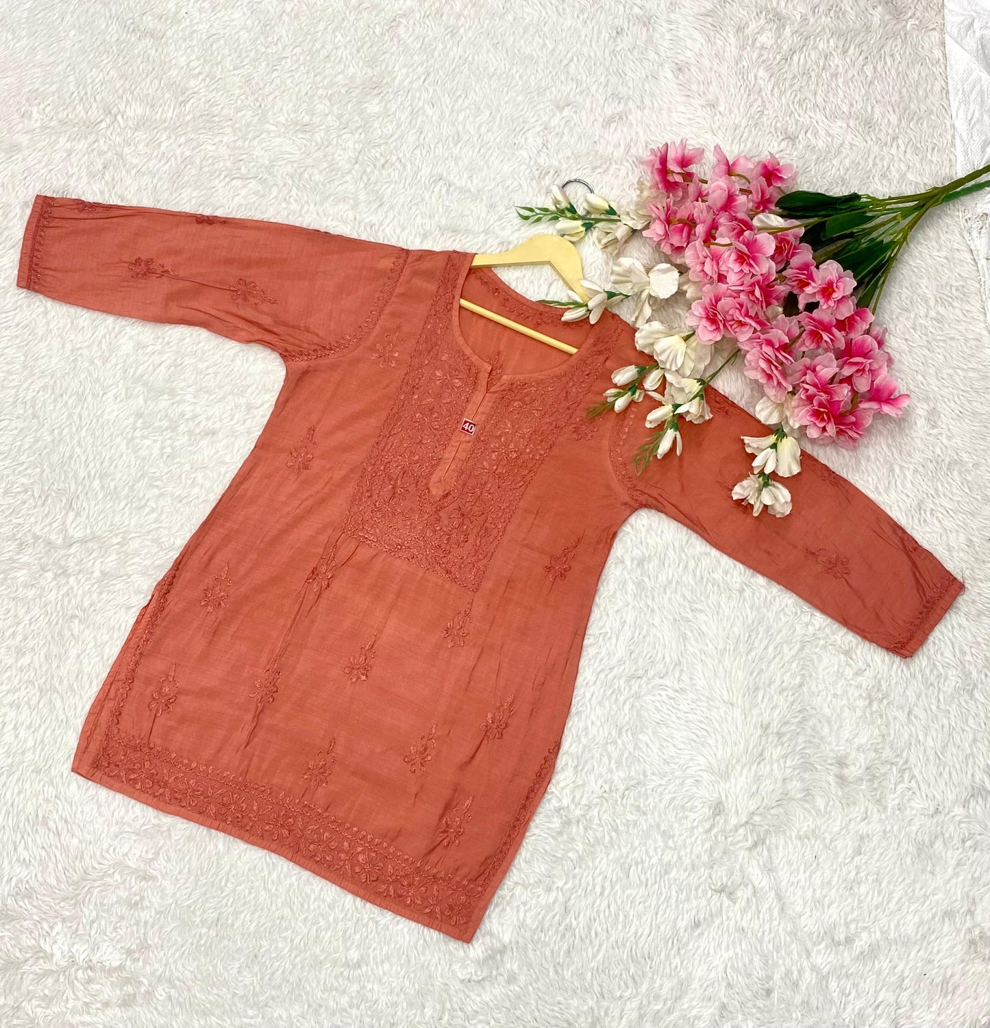 Burnt orange chikankari chanderi kurti