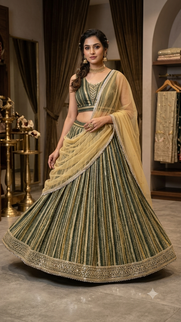 Green Heavy Mukesh and Seqin work Lehenga Choli