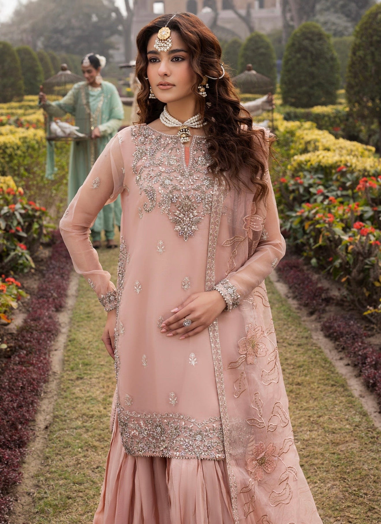 Baby pink heavy handwork sharara suit
