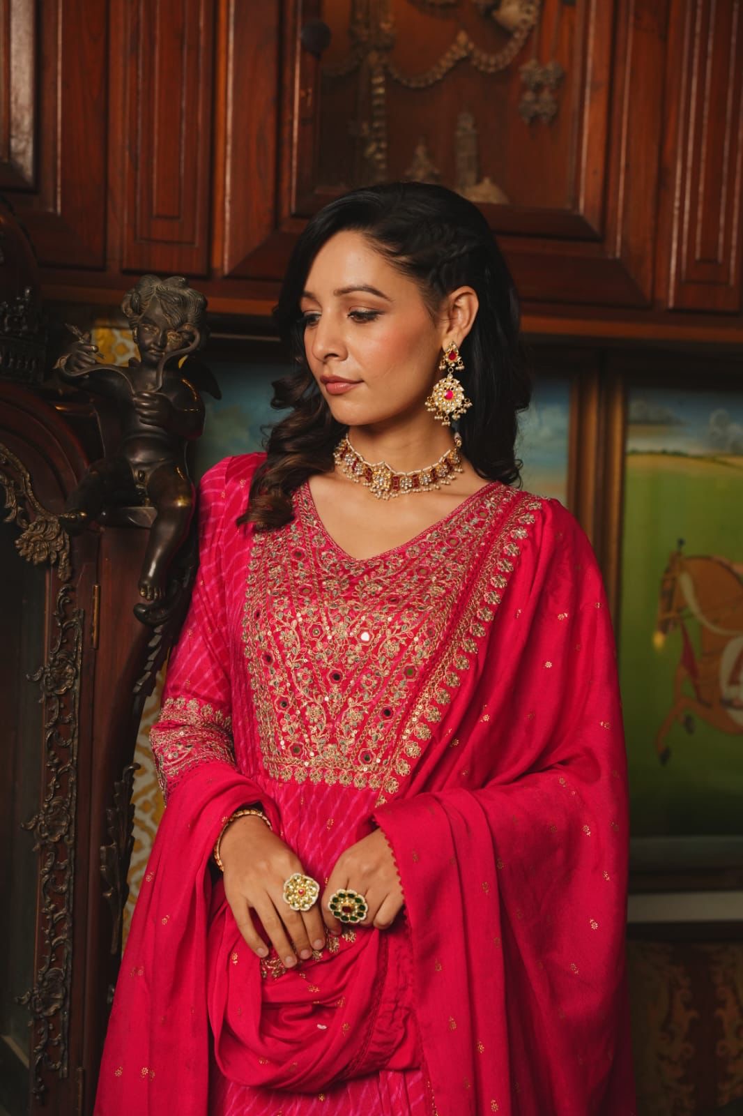 Hot pink premium chinnon silk anarkali suit with heavy work