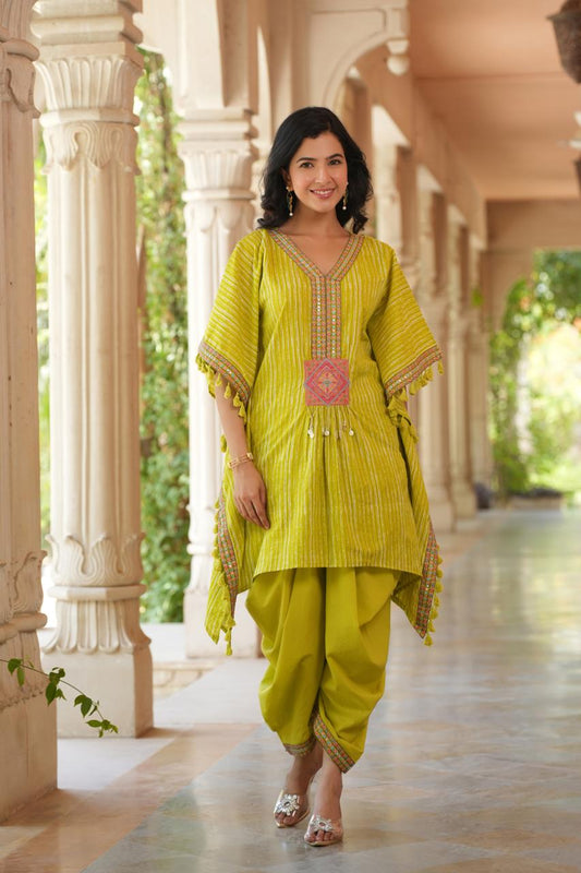 Parrot green pure cotton embroidered kaftan set
