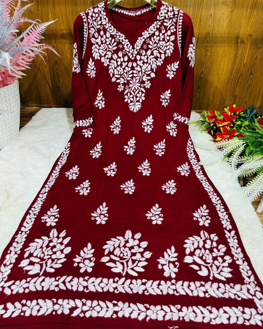 Maroon beautiful chikankari kurti modal