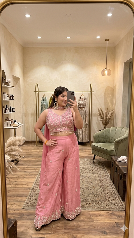Pink heavy handwork handwork crop top palazzo neck dupatta