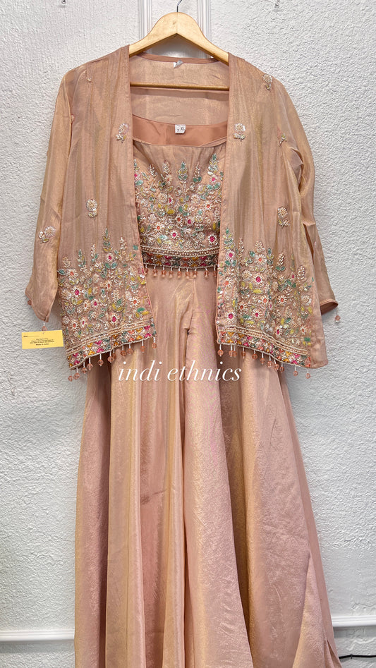 Onion pink heavy handwork partywear indo western top with shrug and sharara