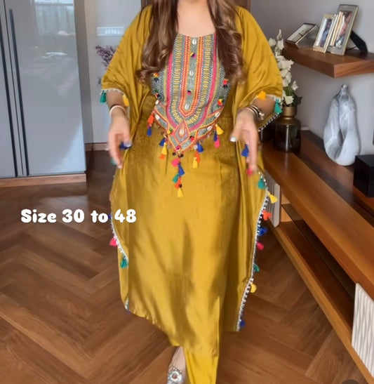 Mustard heavy embroidered trendy kaftan set with tassels