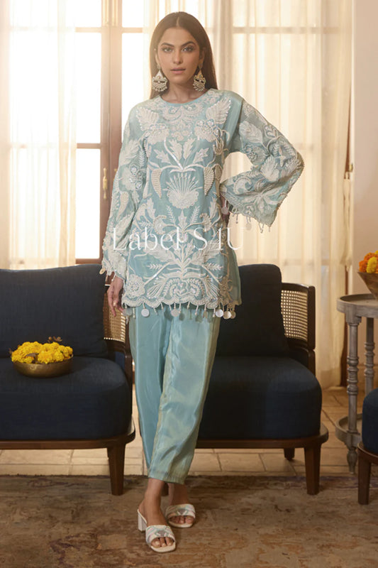 Aqua heavy emboridered partywear co-ord set