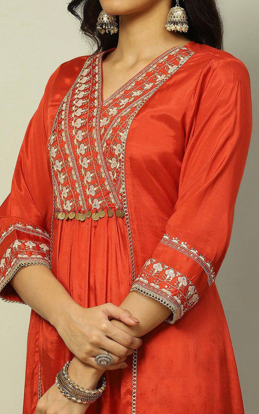 Rust orange pure viscose chanderi partywear kurti