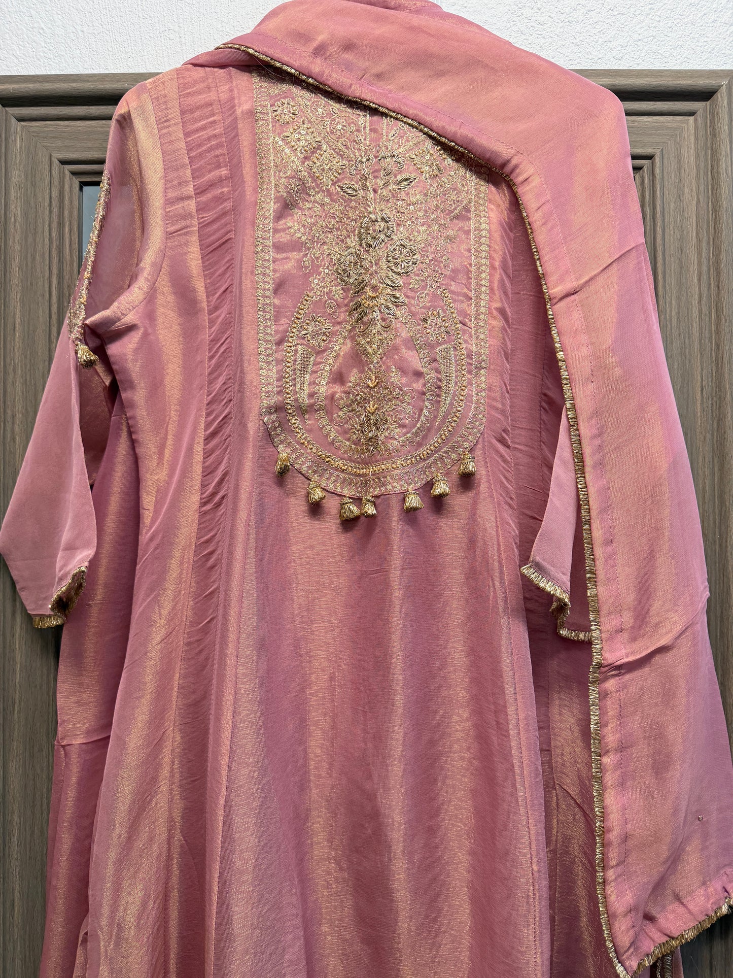 Pink pure tissue elegant A line kurta set