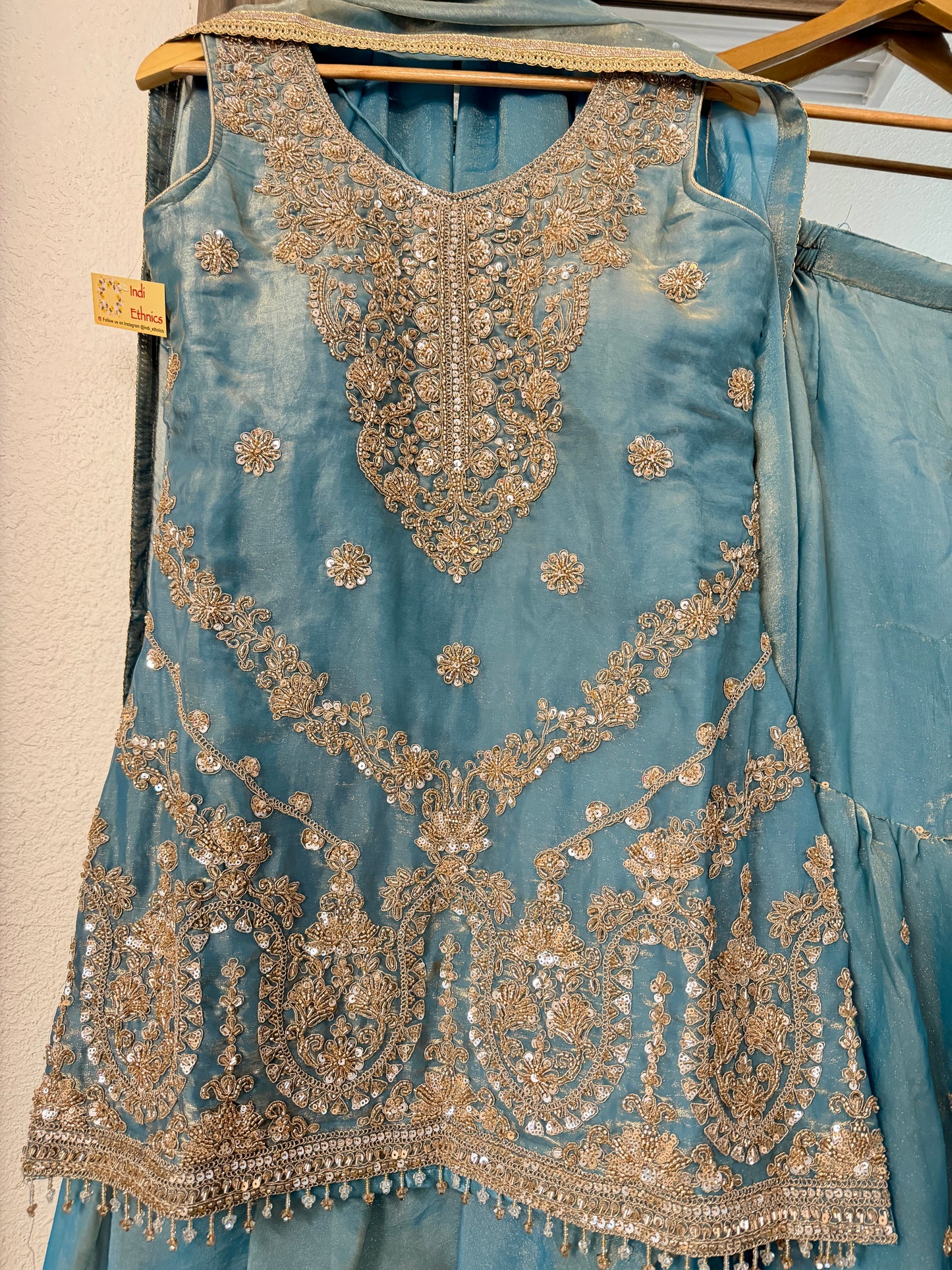 Ice blue heavy handwork fendy tissue sharara suit