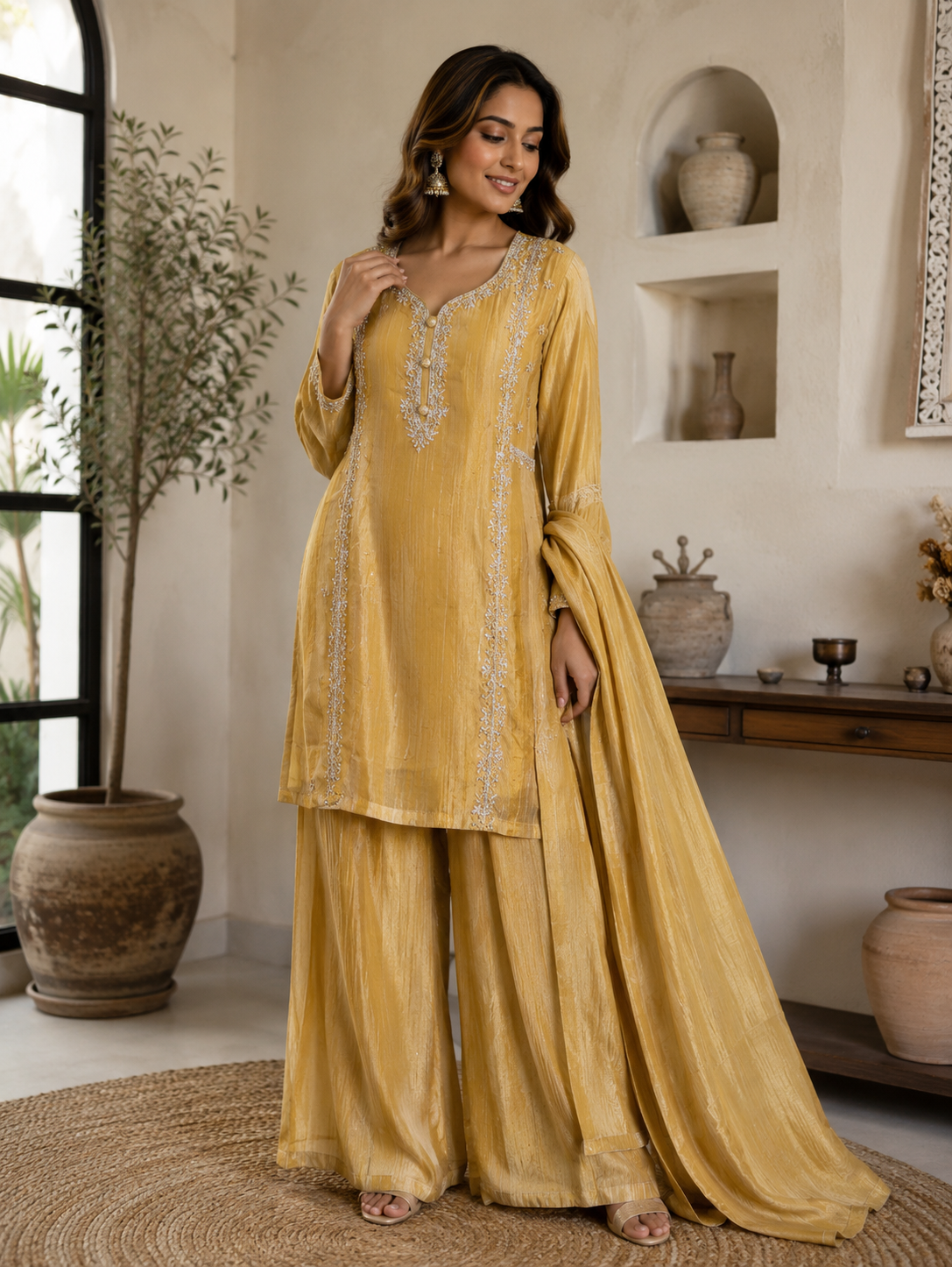 Yellowish gold pure crush tissue sharara suit with handwork