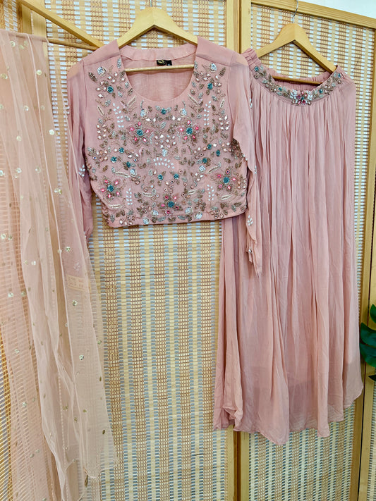 Onion pink pure georgette crop too and lehenga