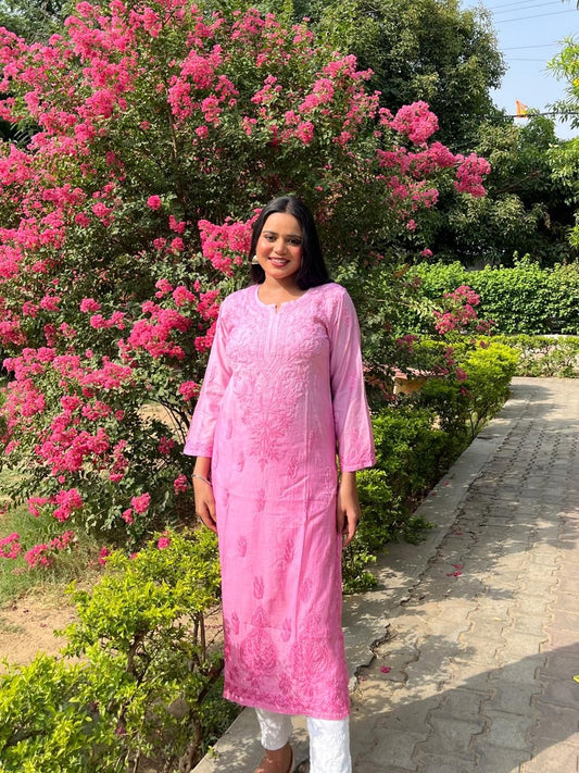 Pink shaded chikankari kurti chanderi fabric