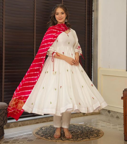 White anarkali kurta set with leheriya dupatta