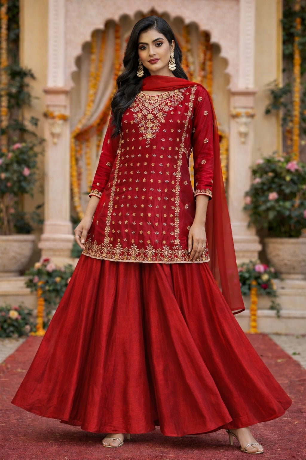 Red heavy handwork pure crepe silk sharara suit
