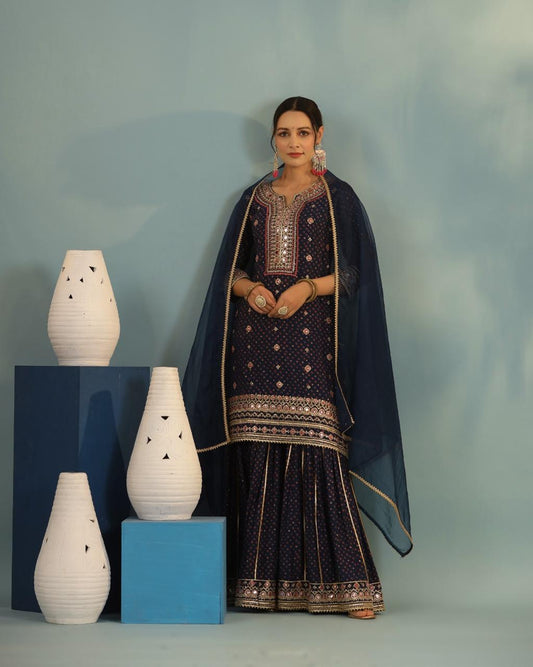 Navy blue heavy gota work sharara suit