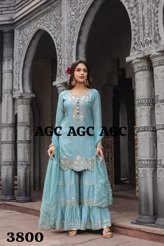 Sky Blue heavy gota and mirror work premium fabric sharara suit