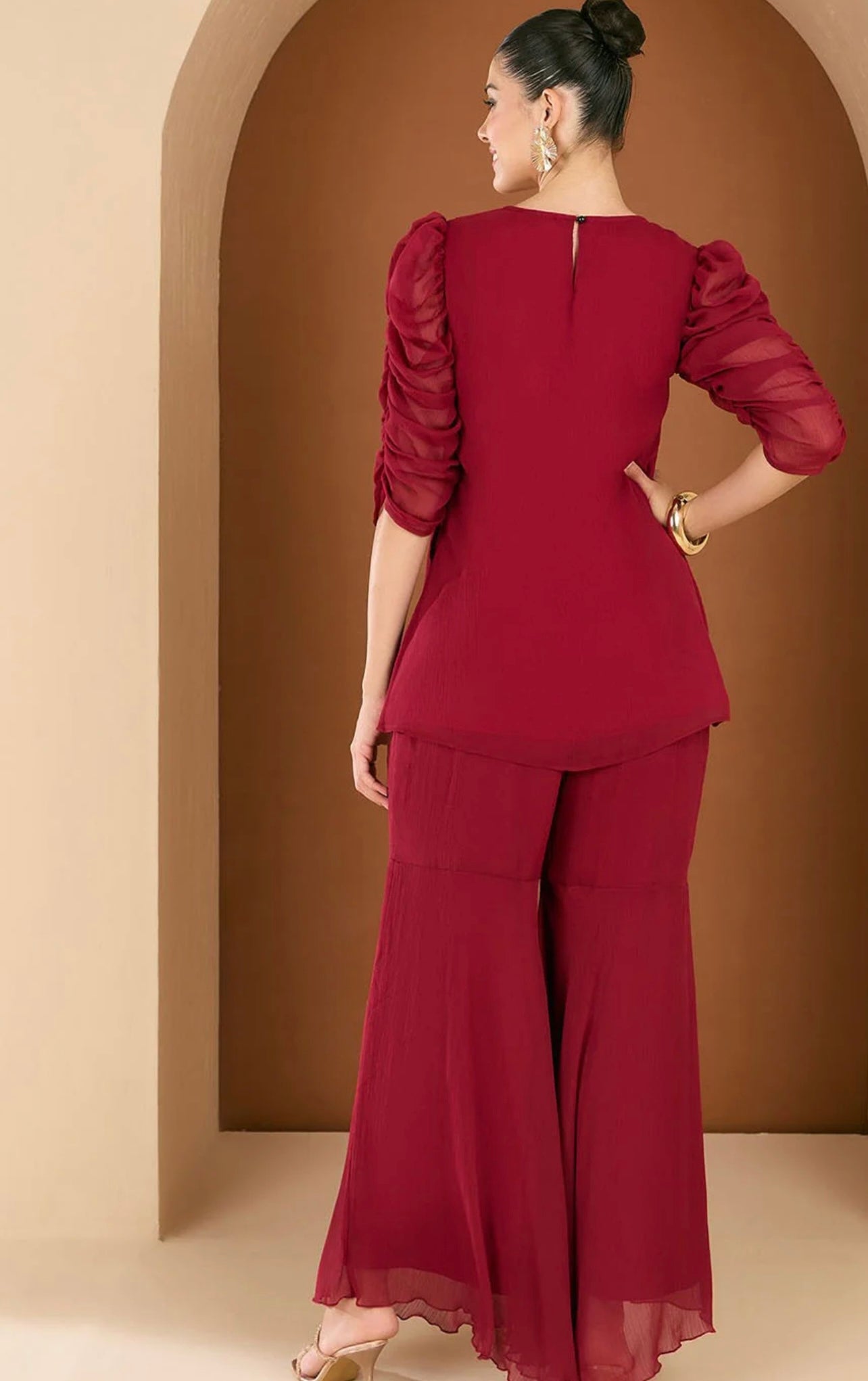 Maroon heavy handwork chiffon sharara co-ord set ( No dupatta)