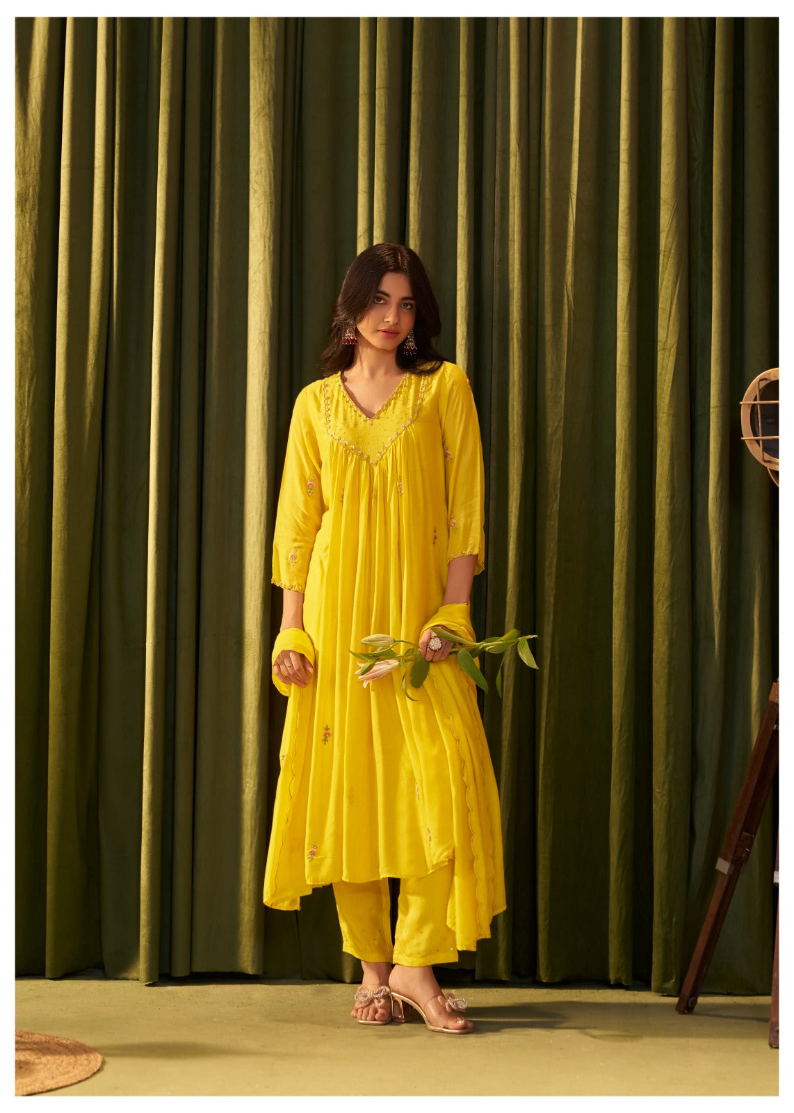 Yellow pure mul chanderi handwork yoke suit
