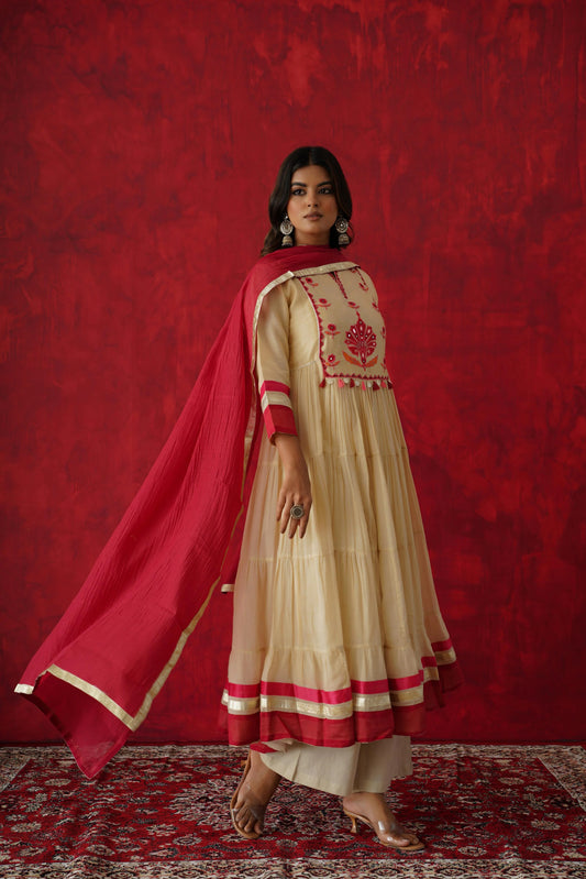 Off white and red Anarkali kurta set