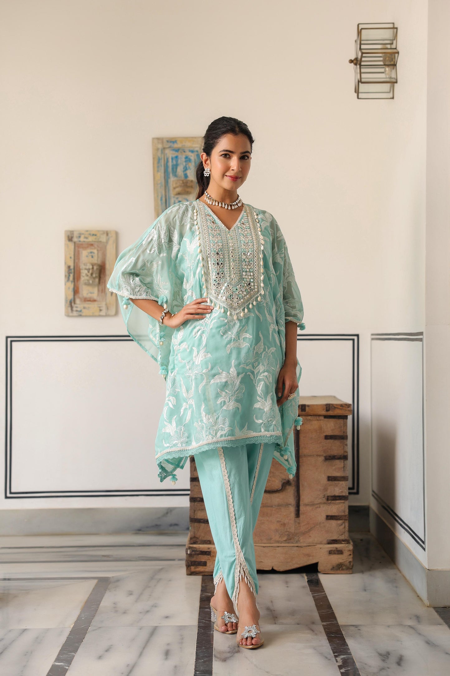 Aqua blue trendy beautiful kaftan tulip pant set