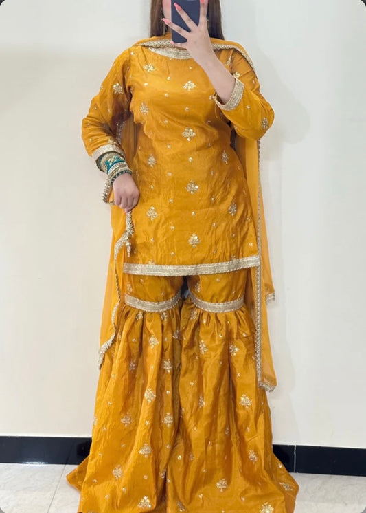 Yellow silk beautiful sequence work garara suit