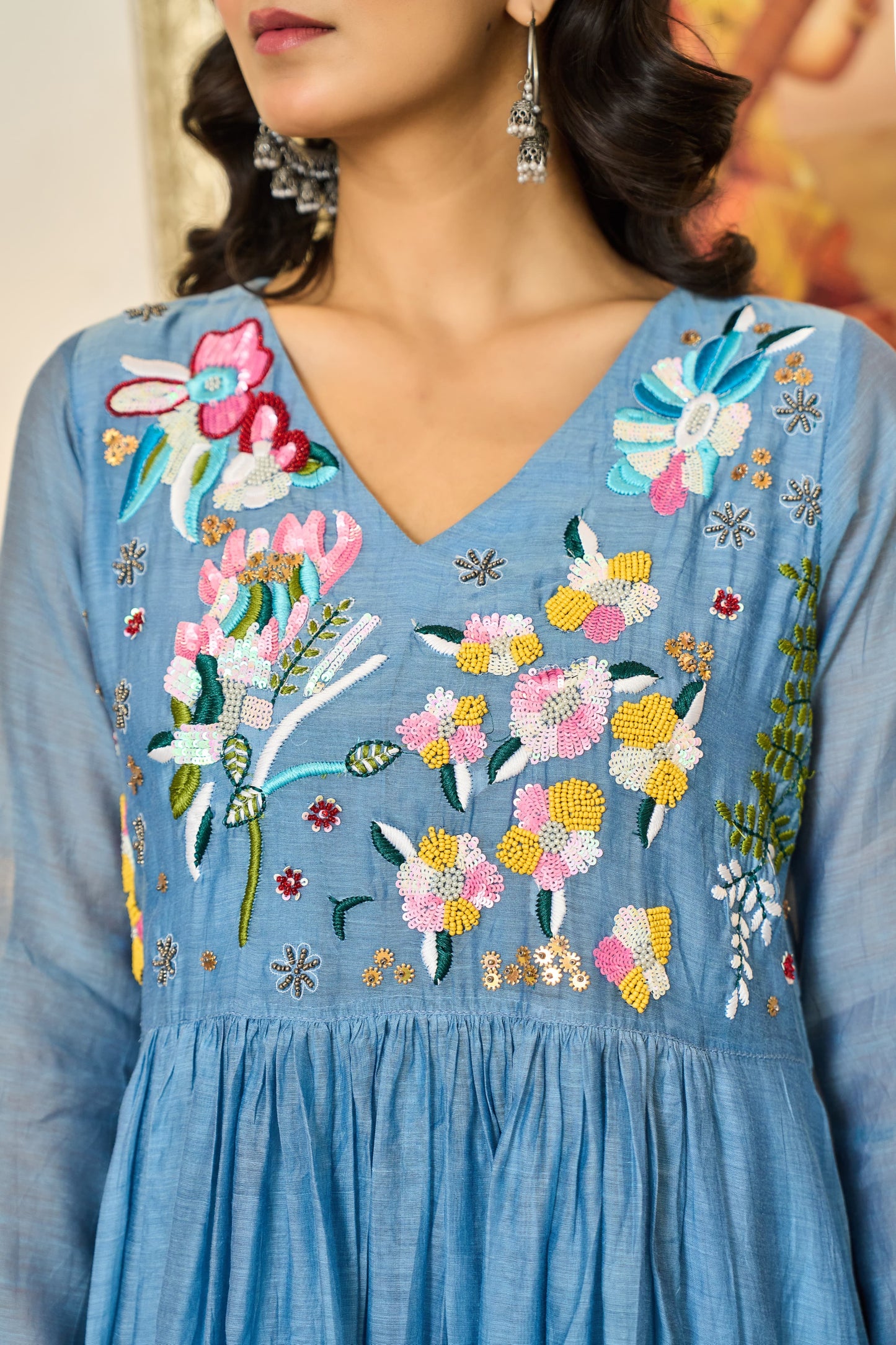 Ice blue pure mul chanderi elegant heavy handwork suit