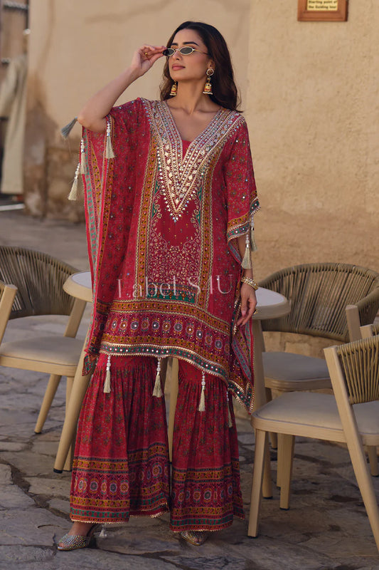Dark red partywear gota and mirror work kaftan sharara set