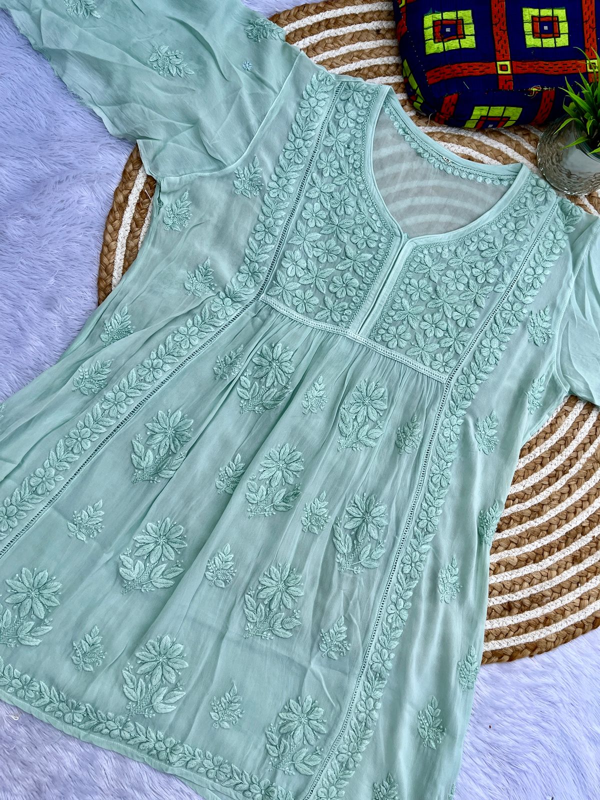 Premium viscose Chikankari 3D short anarkali kurt