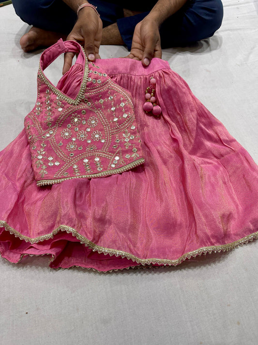 Girls Pink shimmer tissue halter neck lehenga choli