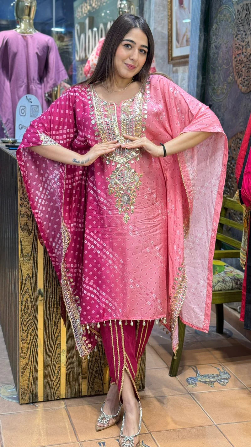 Pink bandhni dual shade partywear kaftan set