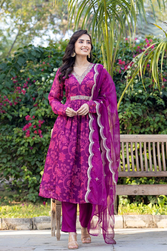 Purple elegant floral kurta set with elgant handwork yoke