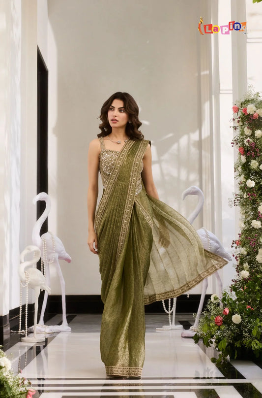 Green classy pre-draped saree