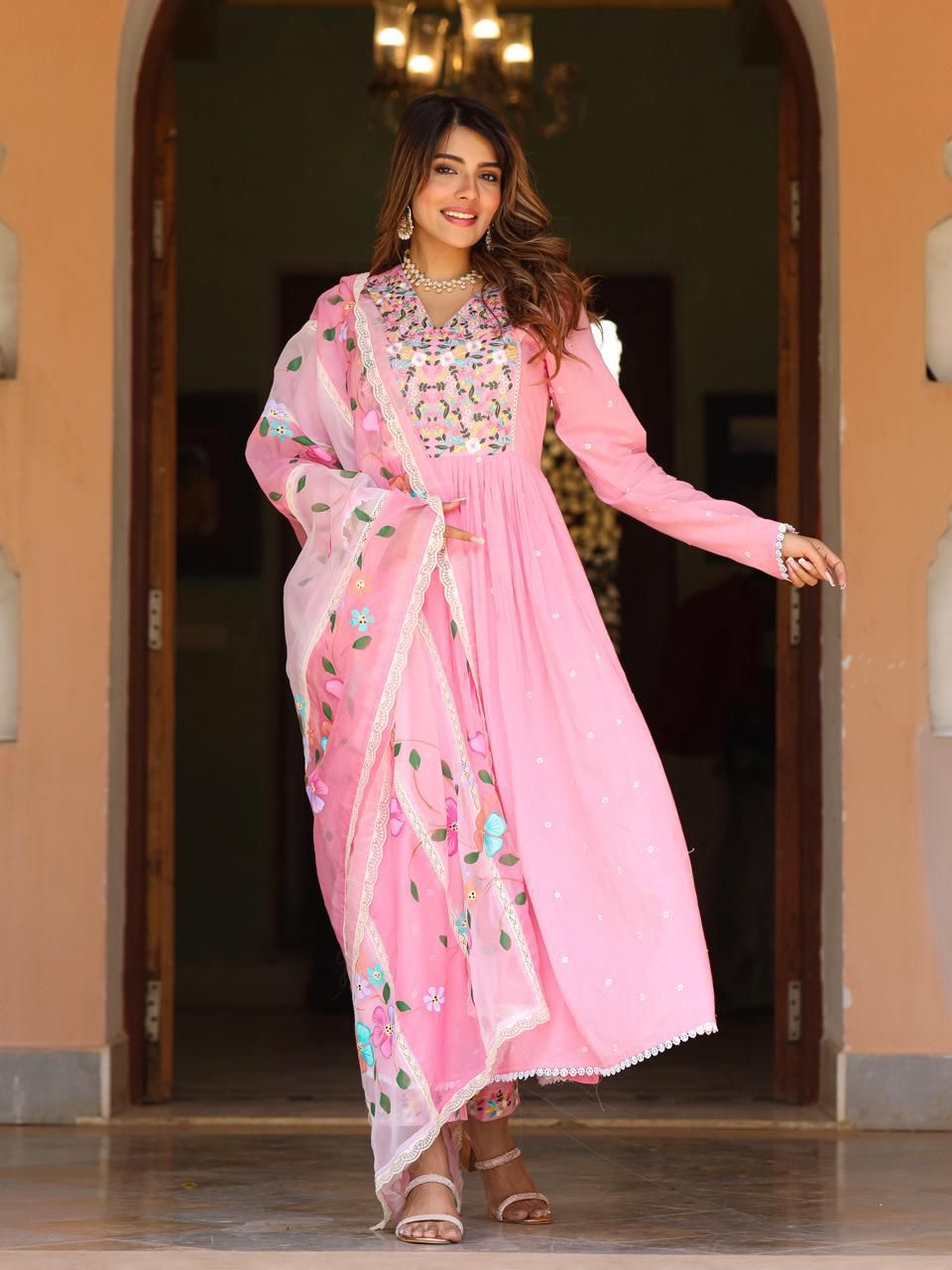 Pink beautiful embroidered suit with hand painted dupatta