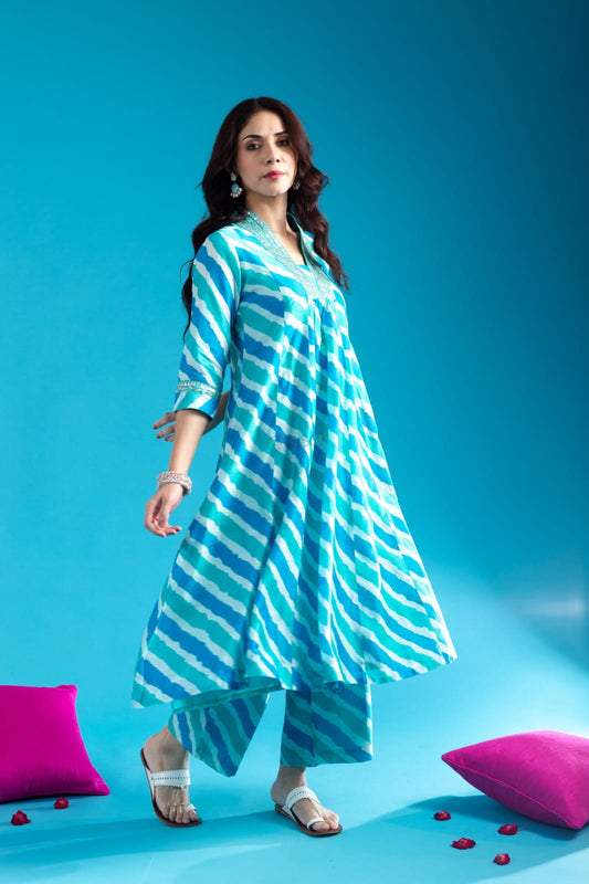 Aqua blue pure cotton elegant v neck 2 piece co-ord set
