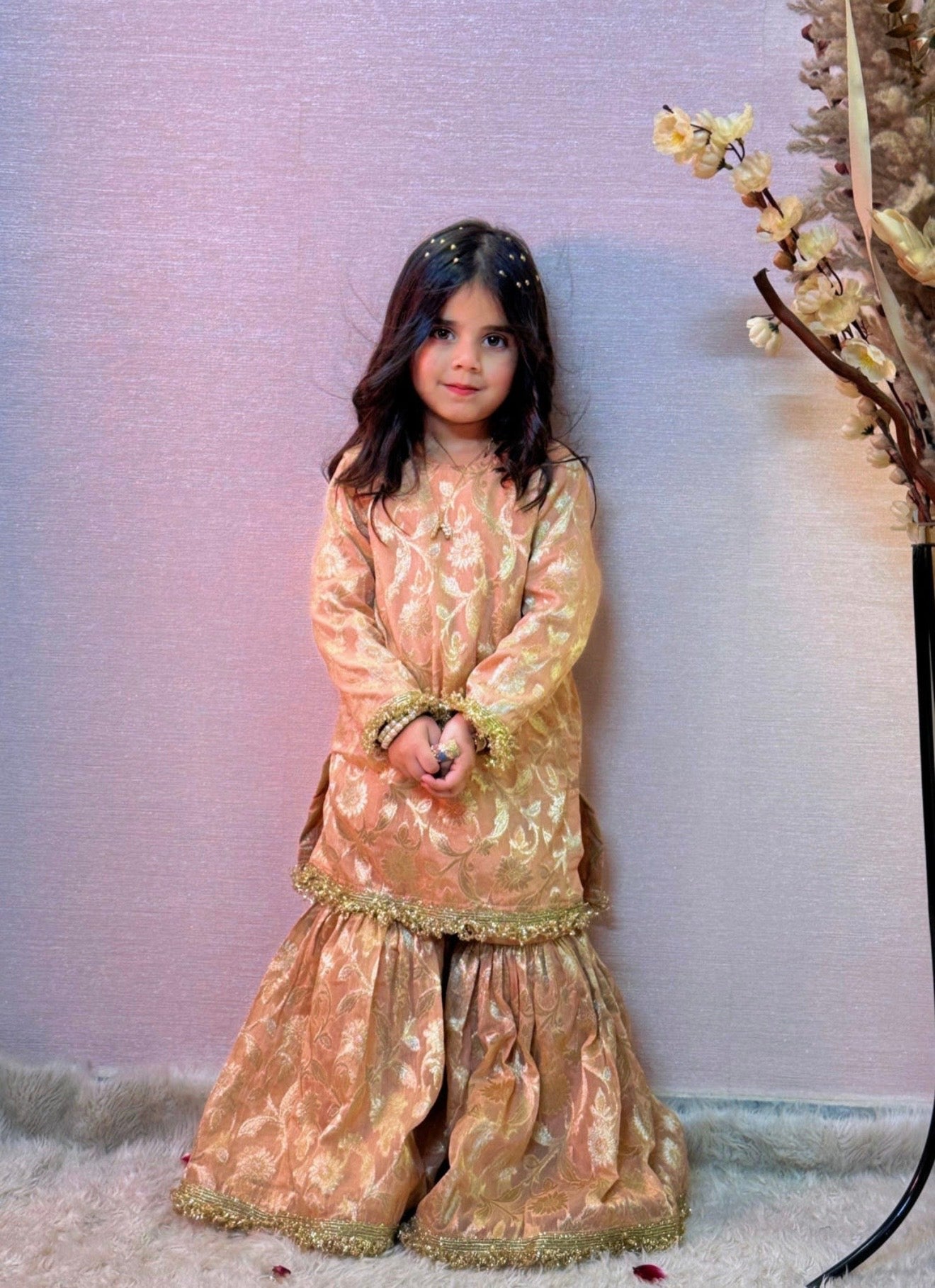 Girls Peach and gold 3 pc sharara suit