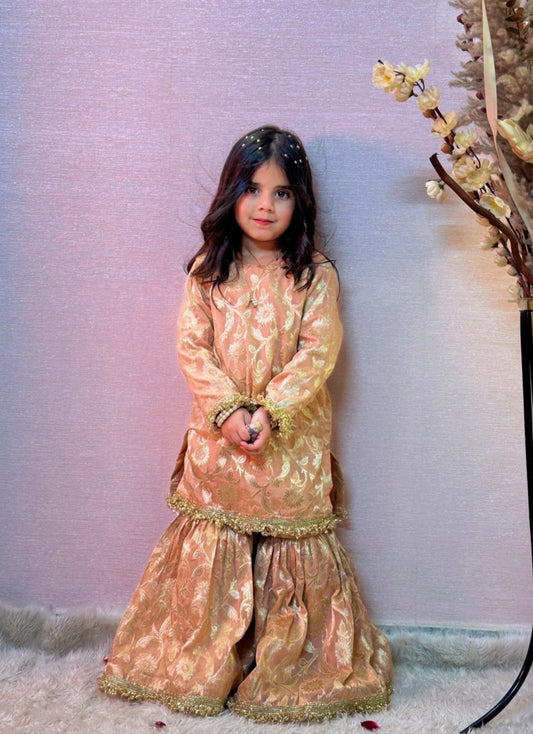 Girls Peach and gold 3 pc sharara suit