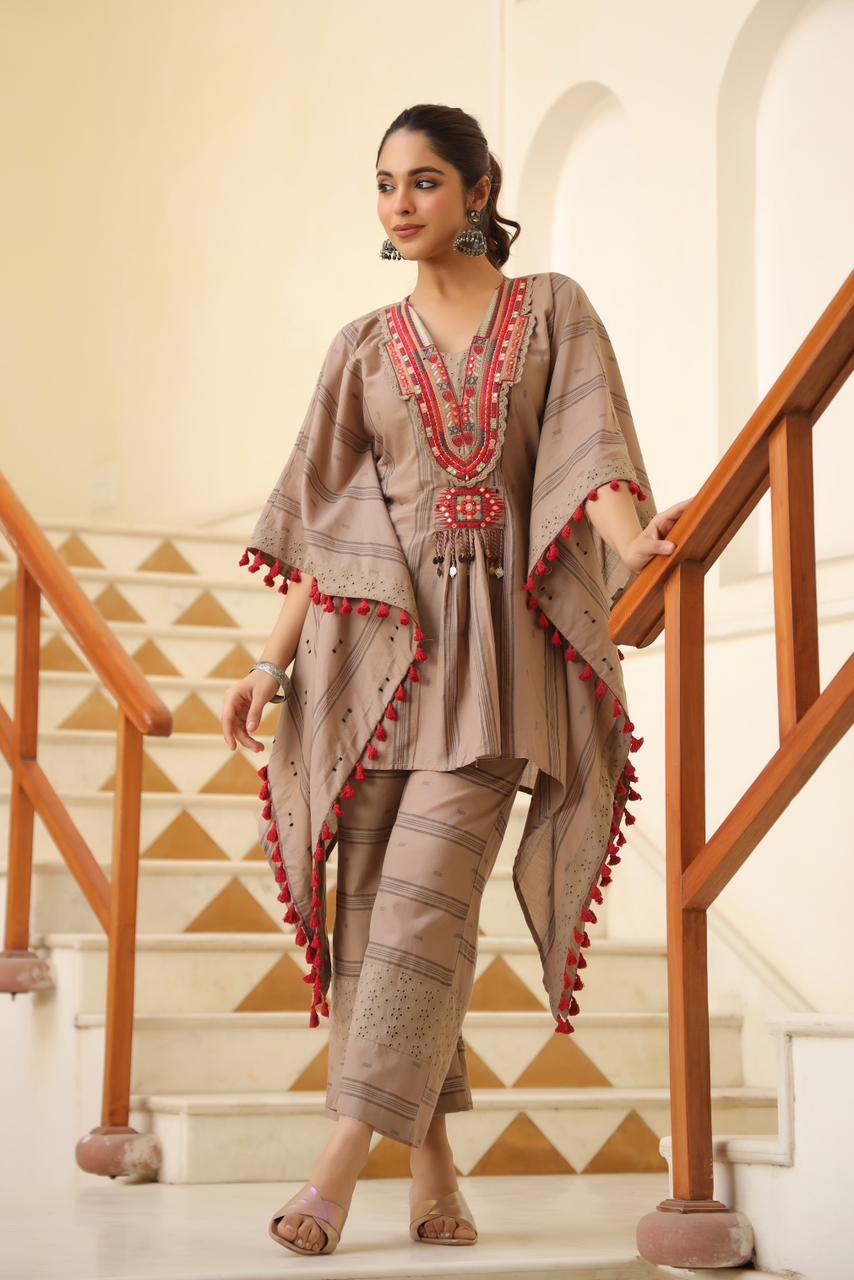 Light brown heavy embroidered kaftan set