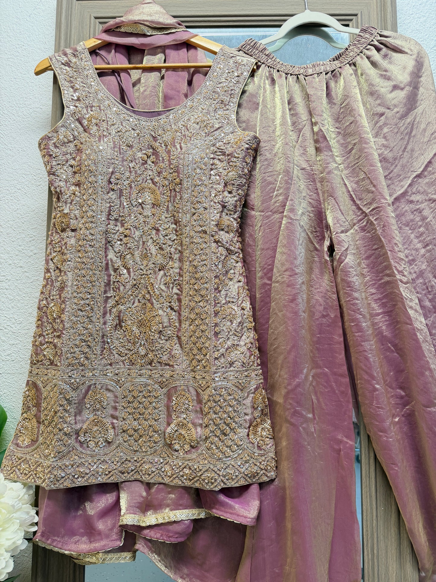 Purple heavy handwork partywear sharara suit (sleeve cloth given)